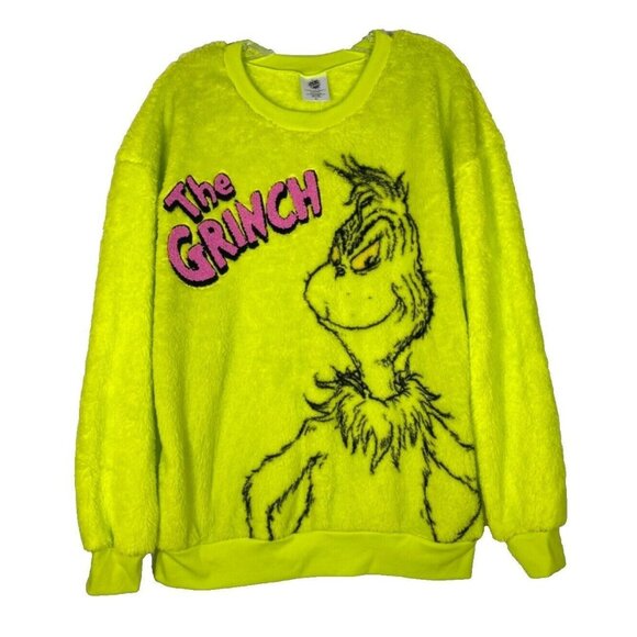 The Grinch Womens Fleece Woobie Sweatshirt Plush Fleece Large Neon Green - Picture 1 of 7